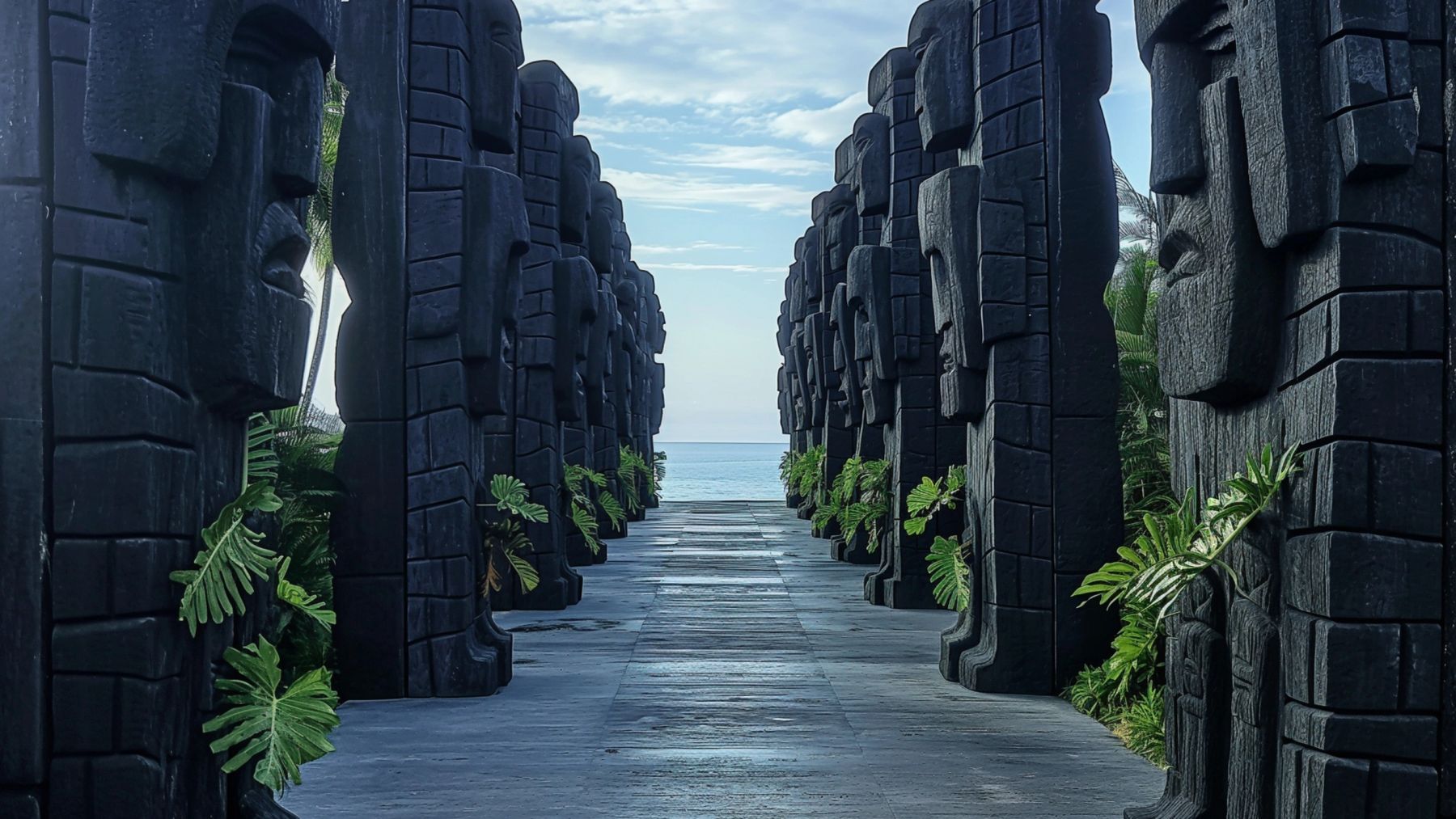 Carved monoliths framing a path to the sea